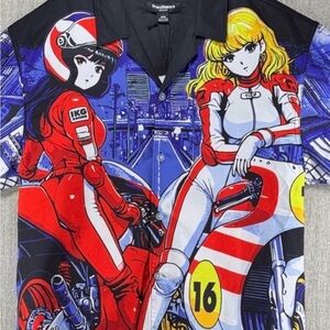 BrandMakers Anime Racing Button-Up Shirt- Graphic Moto Girls- Streetwear Size M